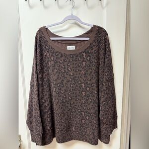 NWOT American Eagle Brown Leopard Print Waffle Knit Big Hug Sweatshirt